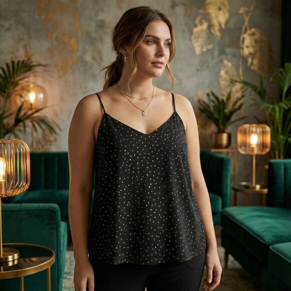 Nine West Black & Gold Polka Dot V-Neck Cami | Lined • Adjustable Straps - Picture 1 of 10